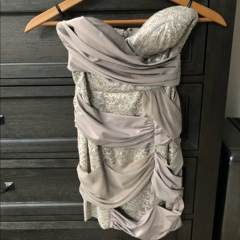 Gold/beige Bebe strapless cocktail dress